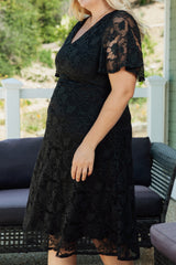 Black Plus Size Lace Flutter Sleeves Flare Midi Dress