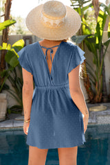 Sky Blue Swiss Dot V Neck Wrap Beach Dress