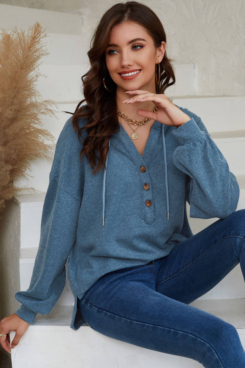 Buttoned High and Low Hem Hoodie