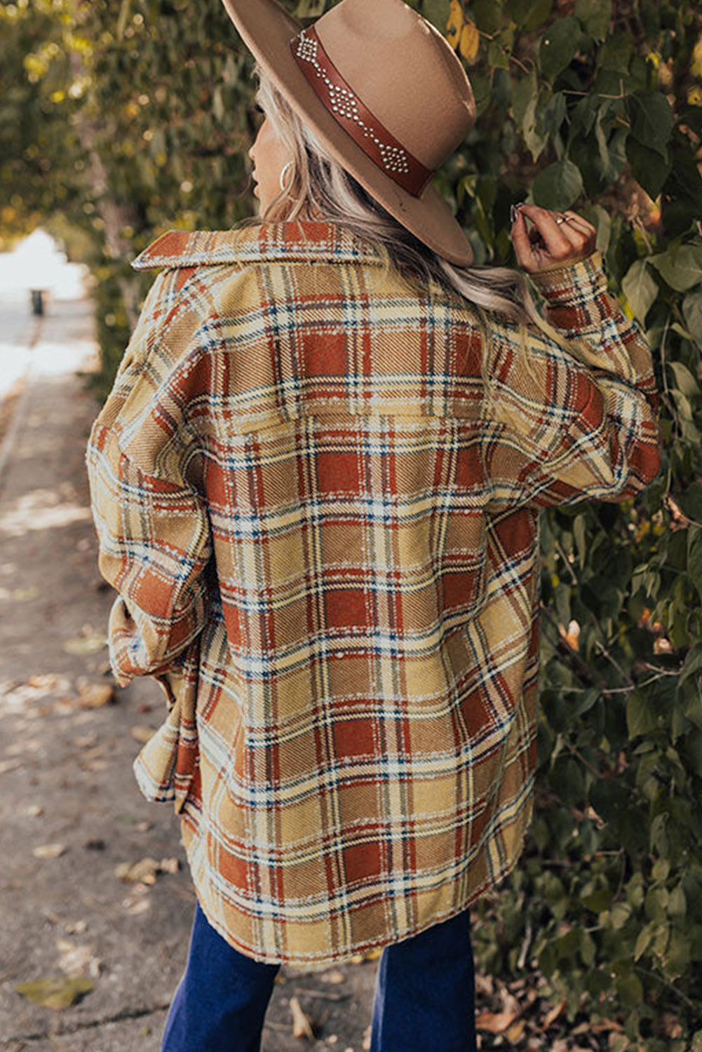 Blue Oversized Flap Pockets Plaid Shacket with Slits