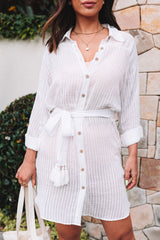 White Striped Shirt Dress Beach Cover up with Belt