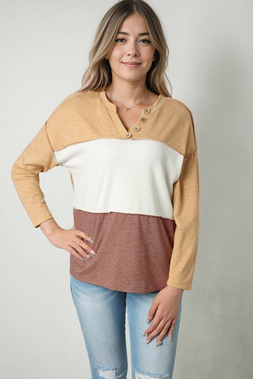 Multicolor Split V Neck Color Block Henley Top