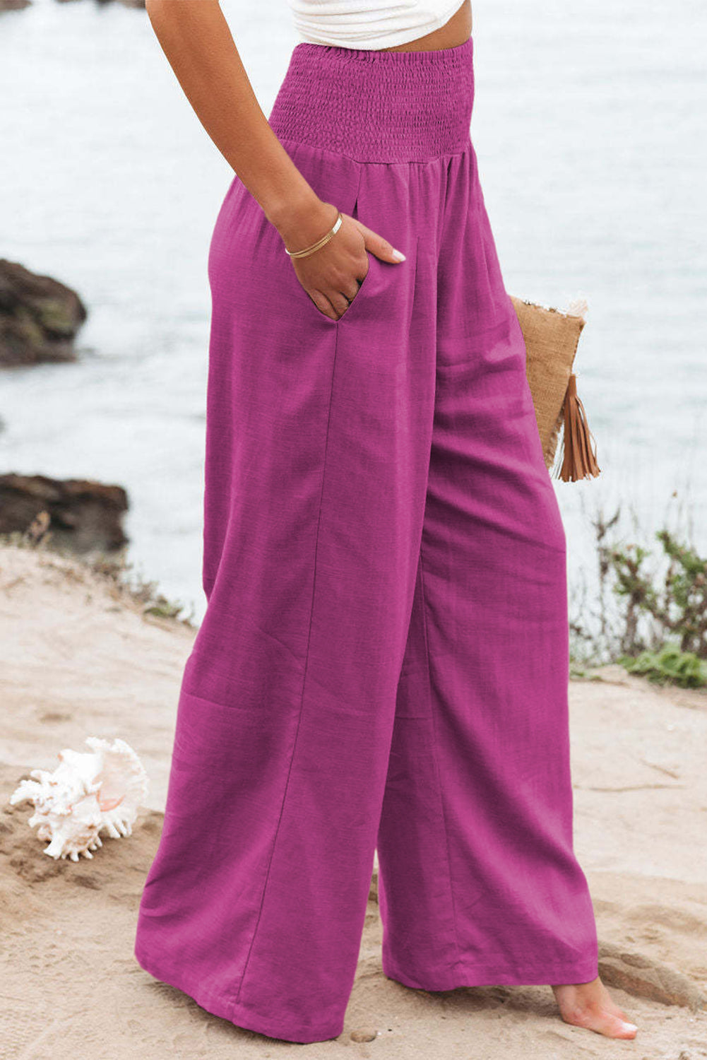 Black Smocked Wide Waistband High Waist Wide Leg Pants