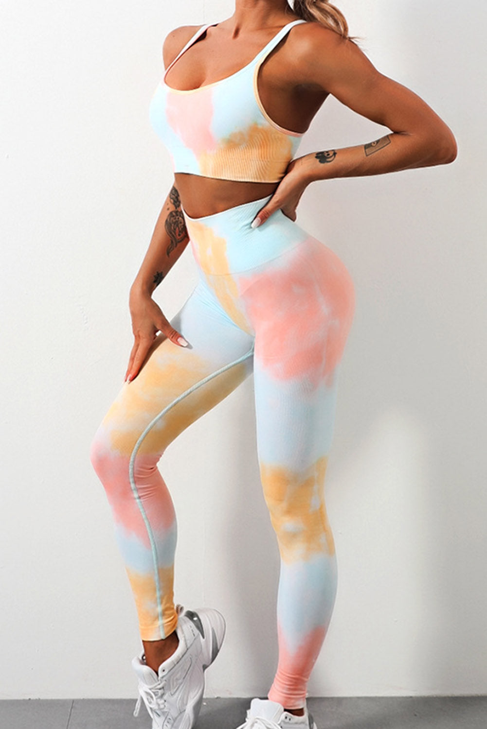 Sky Blue 2pcs Tie Dye Yoga Bra and High Waist Leggings Set