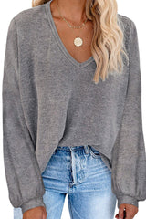 Gray Waffle Knit V Neck Long Sleeve Loose Tunic Top