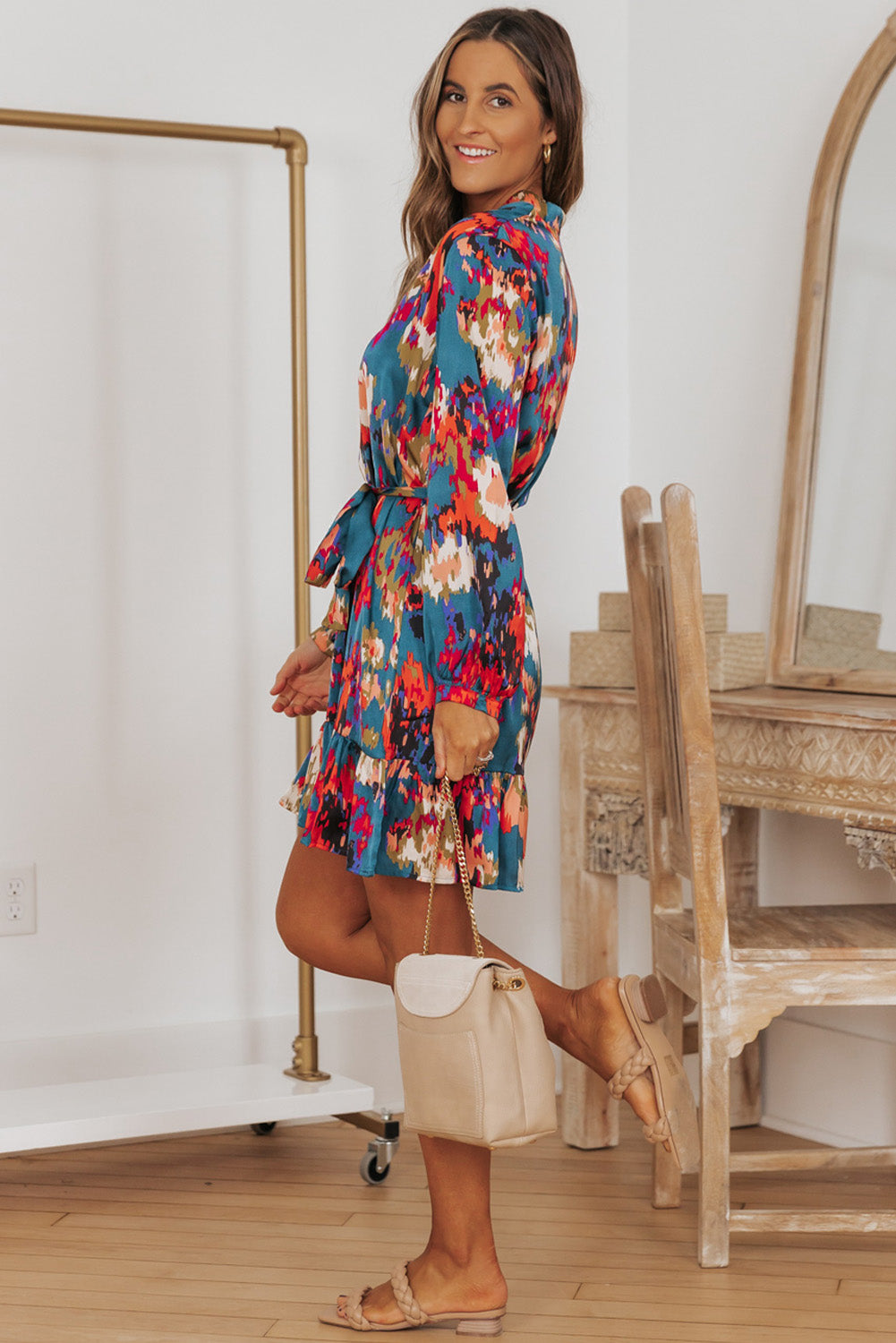 Green Abstract Print Ruffled Drawstring High Waist Mini Dress