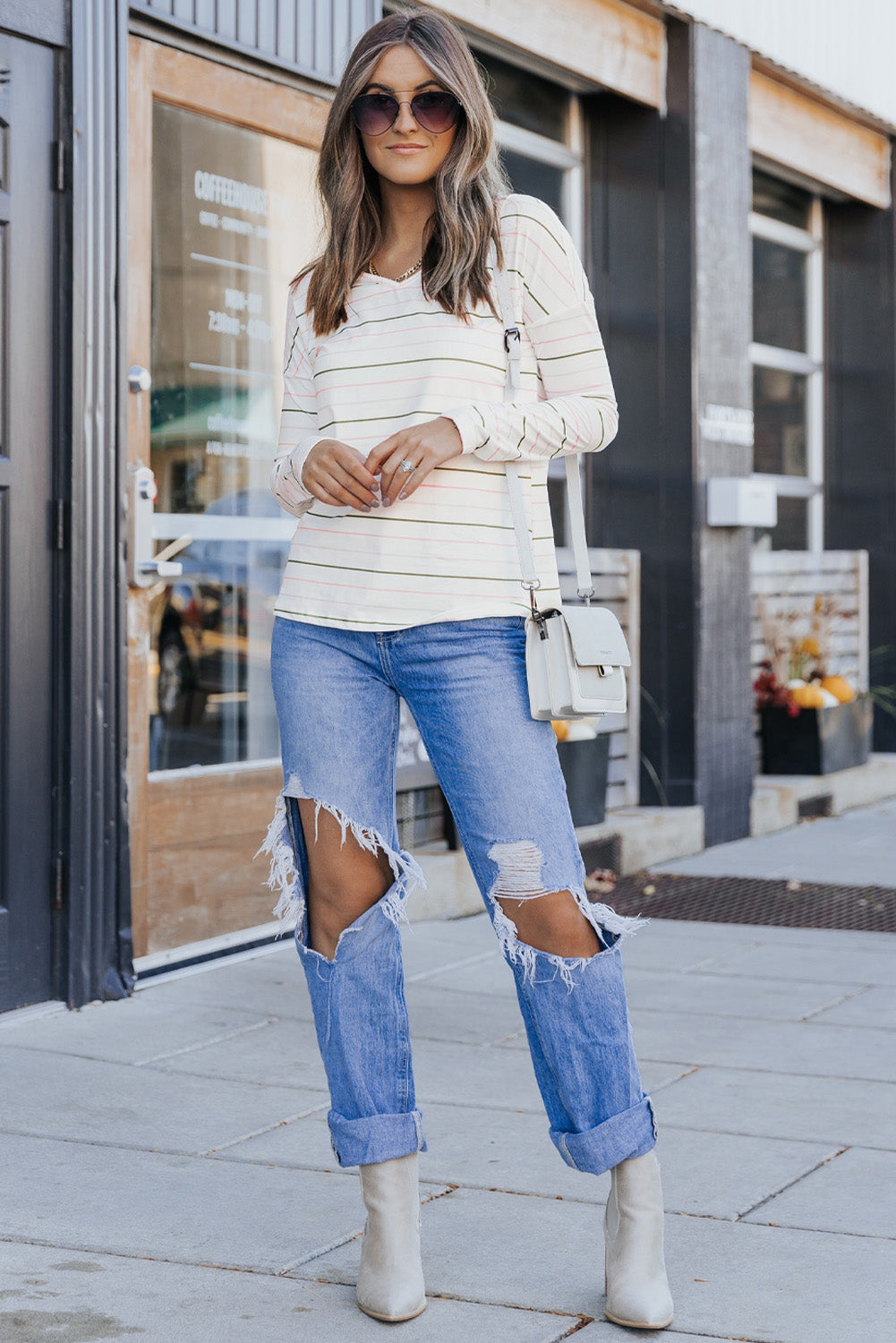 Long Sleeve V Neck Striped Print Top