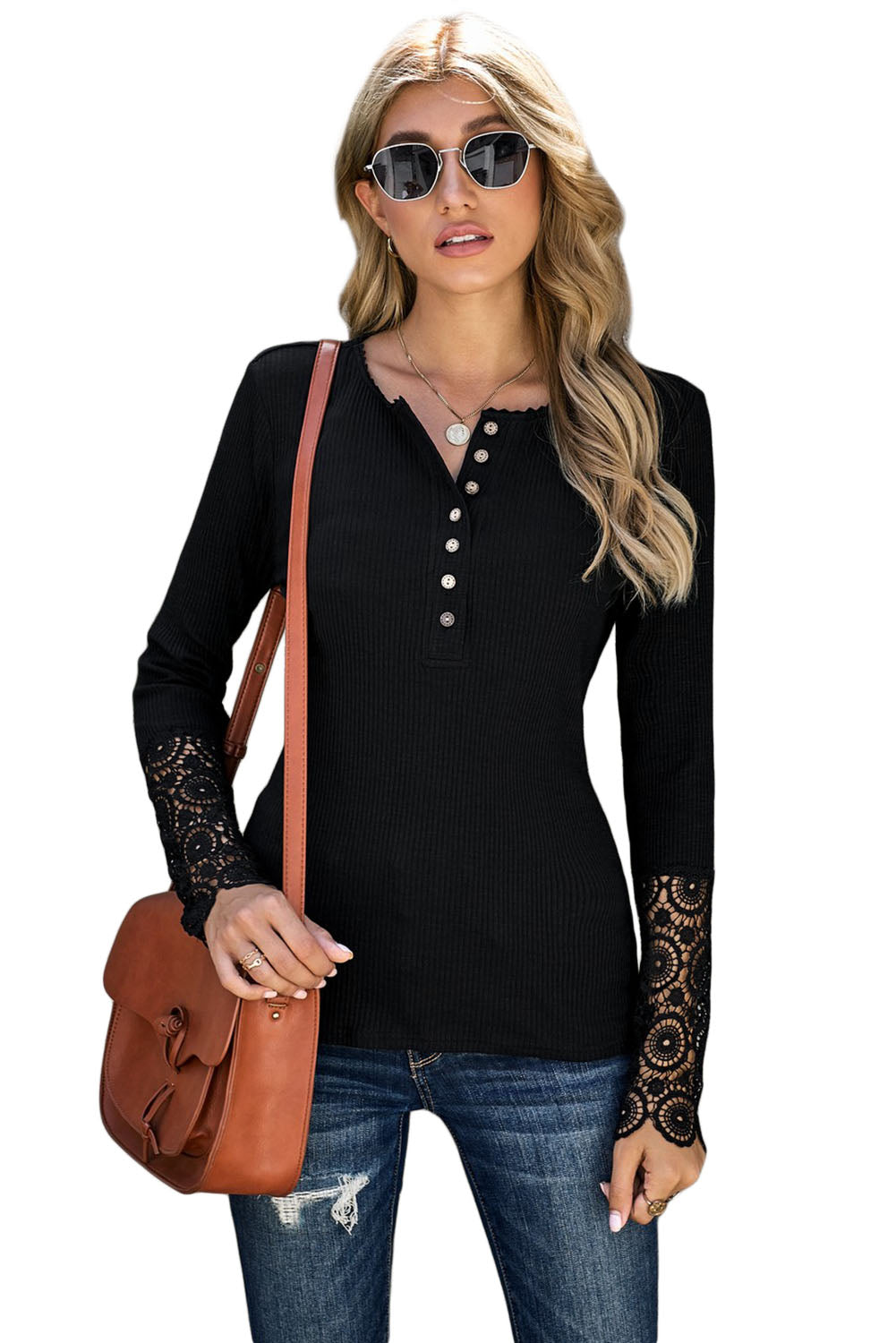 Black Crochet Lace Hem Sleeve Button Top