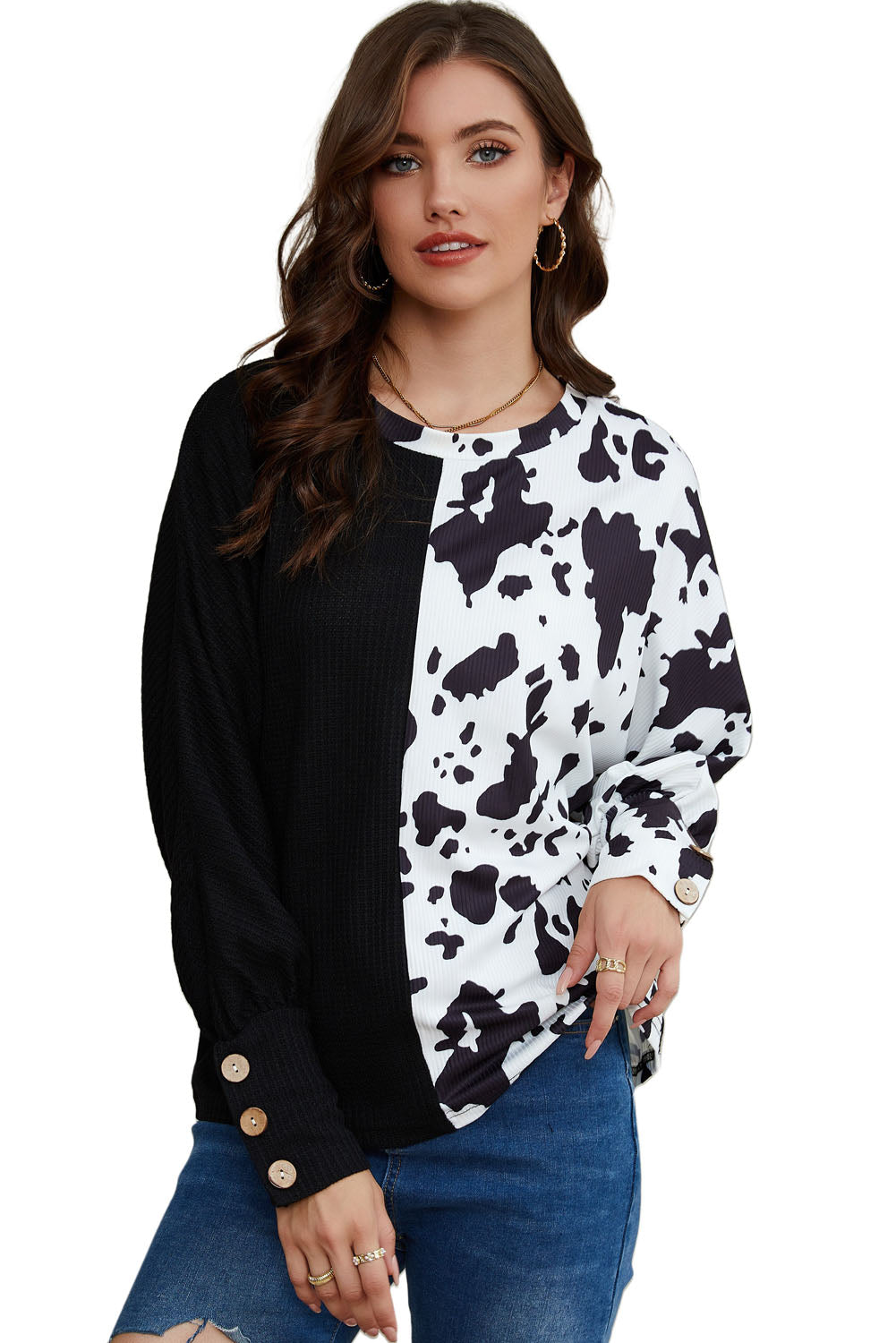 Black Cow Patchwork Waffle Knit Long Sleeve Top