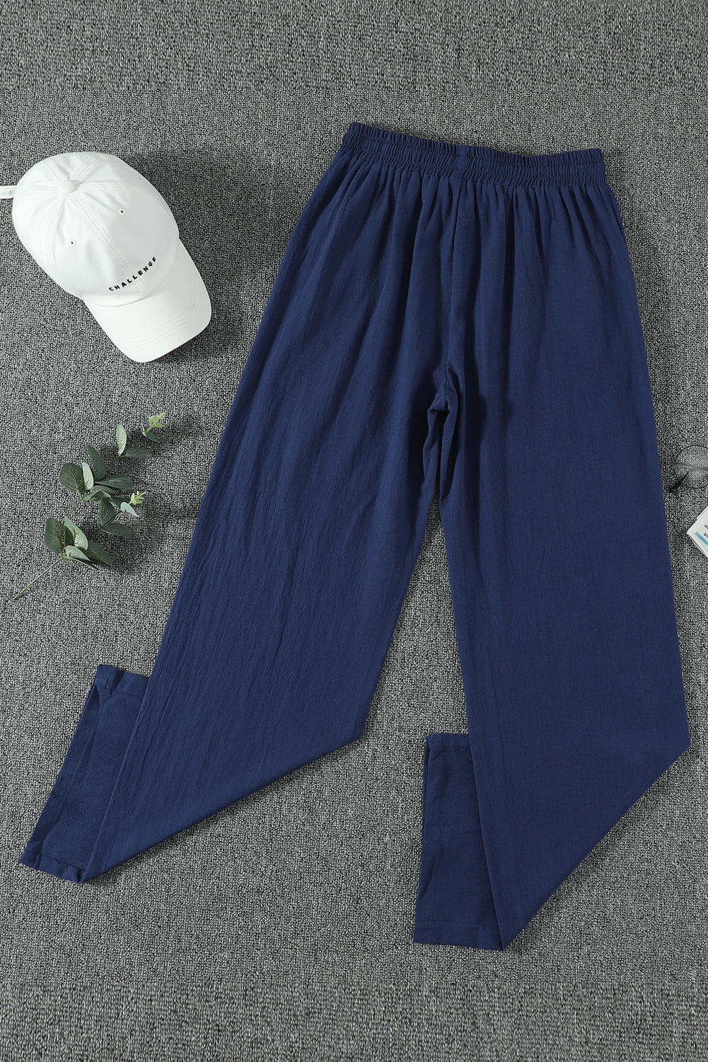 Blue Drawstring Elastic Waist Pockets Long Straight Legs Pants