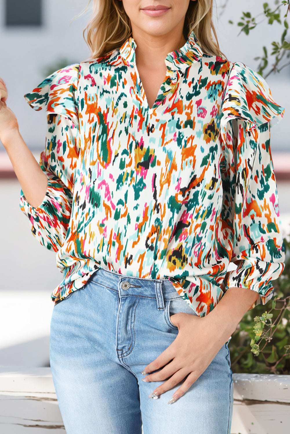 Multicolour Abstract Print 3/4 Puff Sleeve Ruffle Blouse