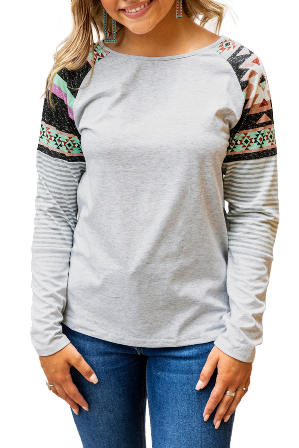 Round Neck Tribal Striped Raglan Top