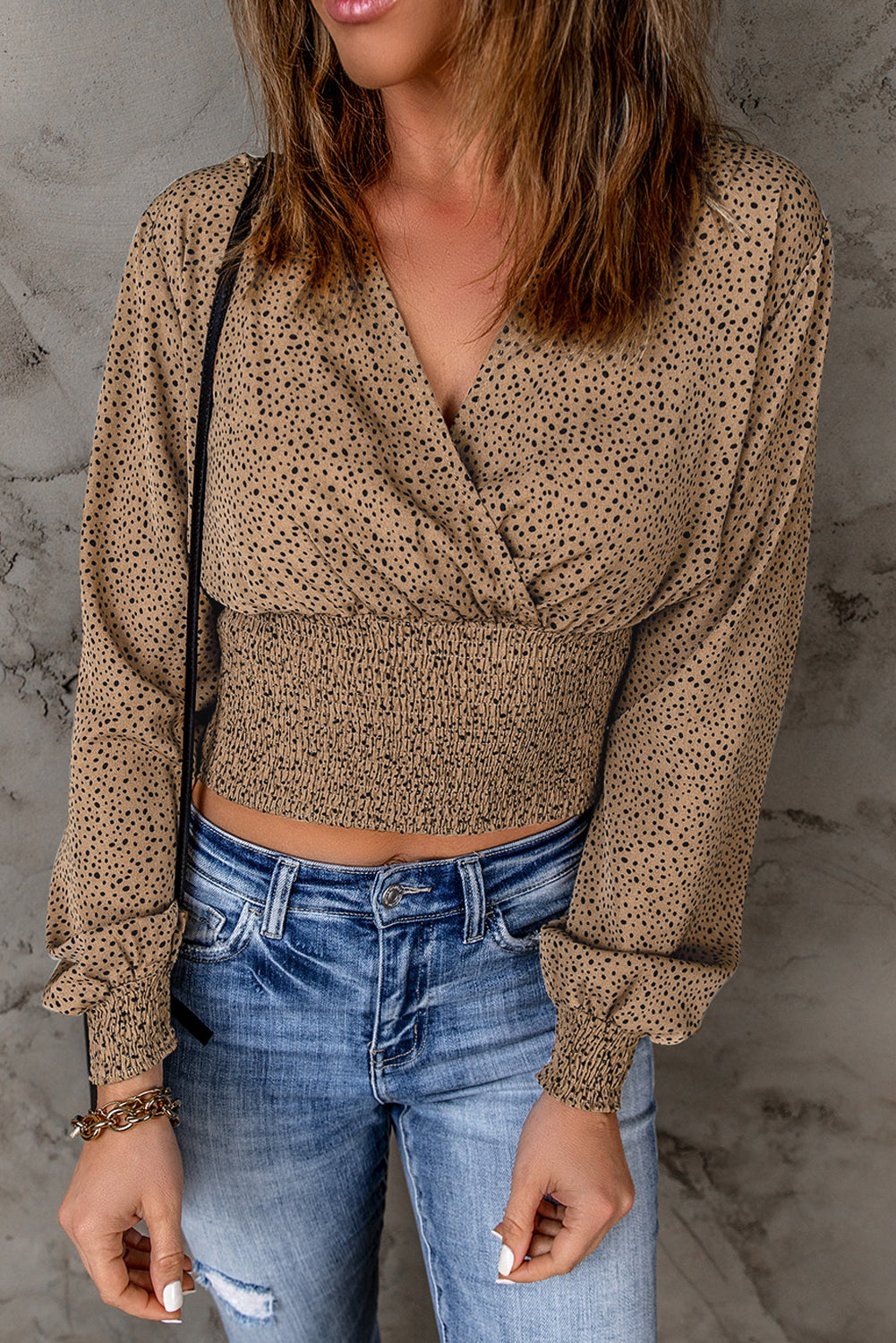 Brown Polka Dot Print Wrap V Neck Smocked Crop Top