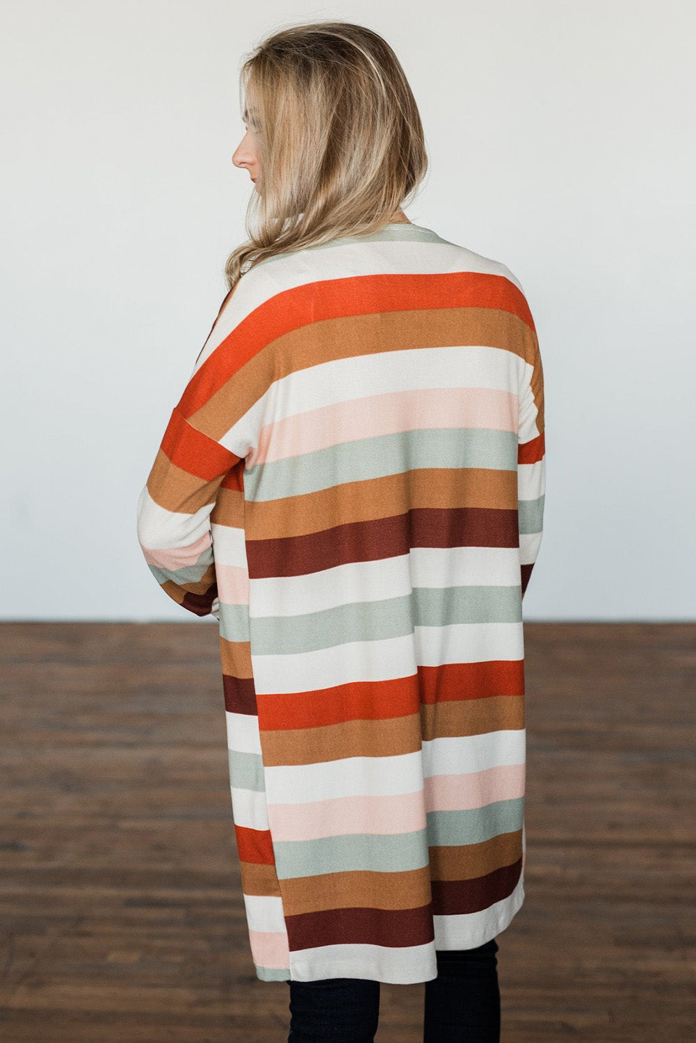 Multicolor Striped Print Pockets Open Front Cardigan