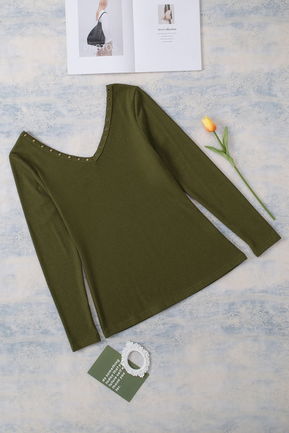 Green Studded Eyelet Neckline Ribbed Knit Long Sleeve Top