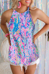 Blue Multicolor Floral Print Sleeveless Tank Top