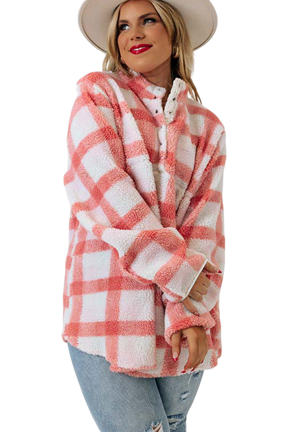 Pink Plus Size Tunic Plaid Sherpa Henley Sweatshirt