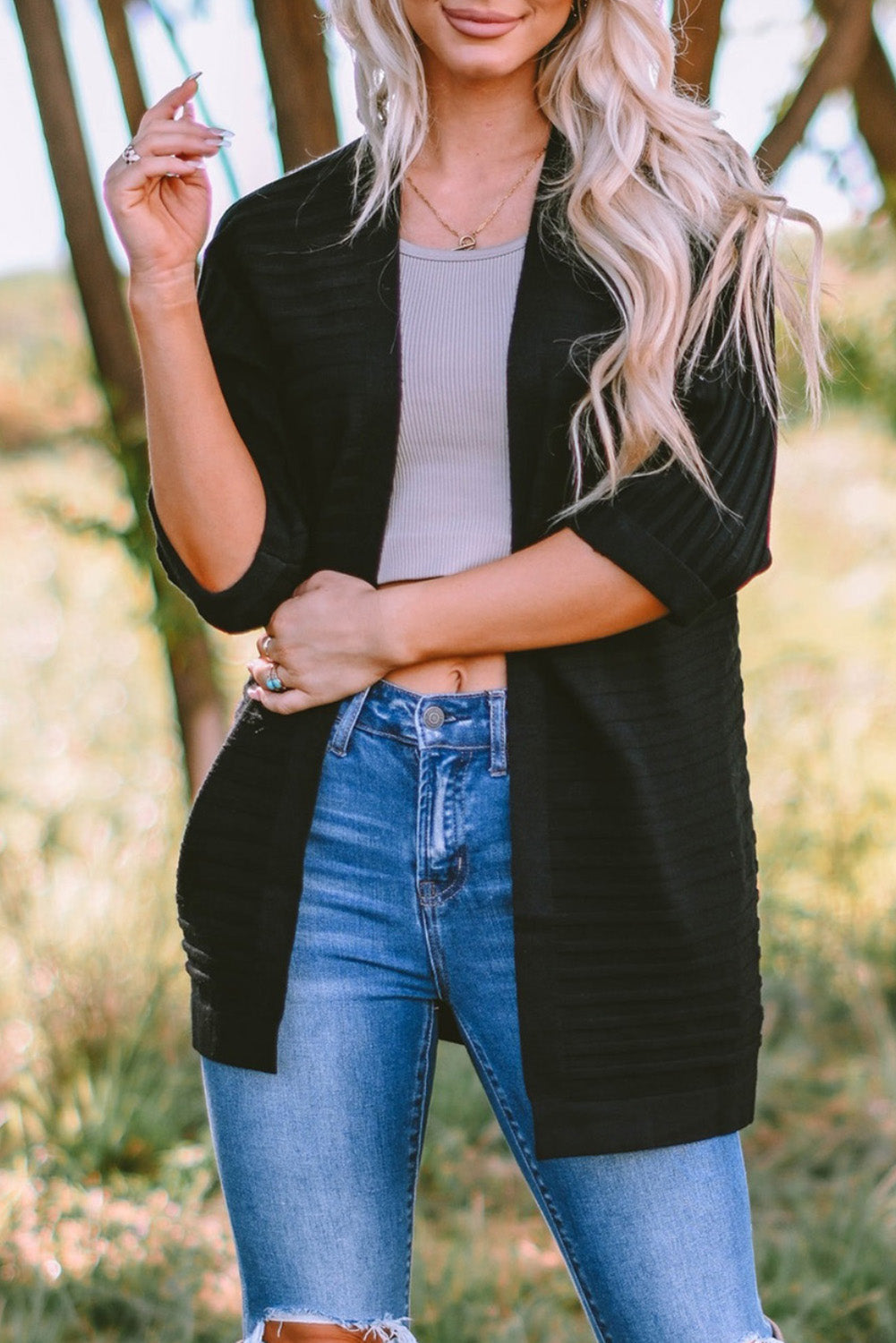 Red Ribbed Open Front Knit Cardigan