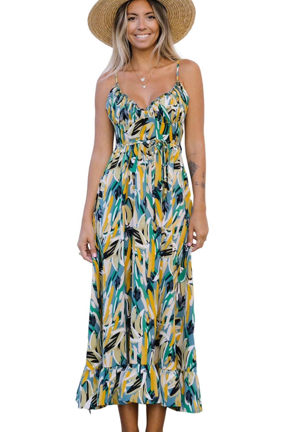 Green Abstract Printed Spaghetti Straps Ruffle Maxi Dress