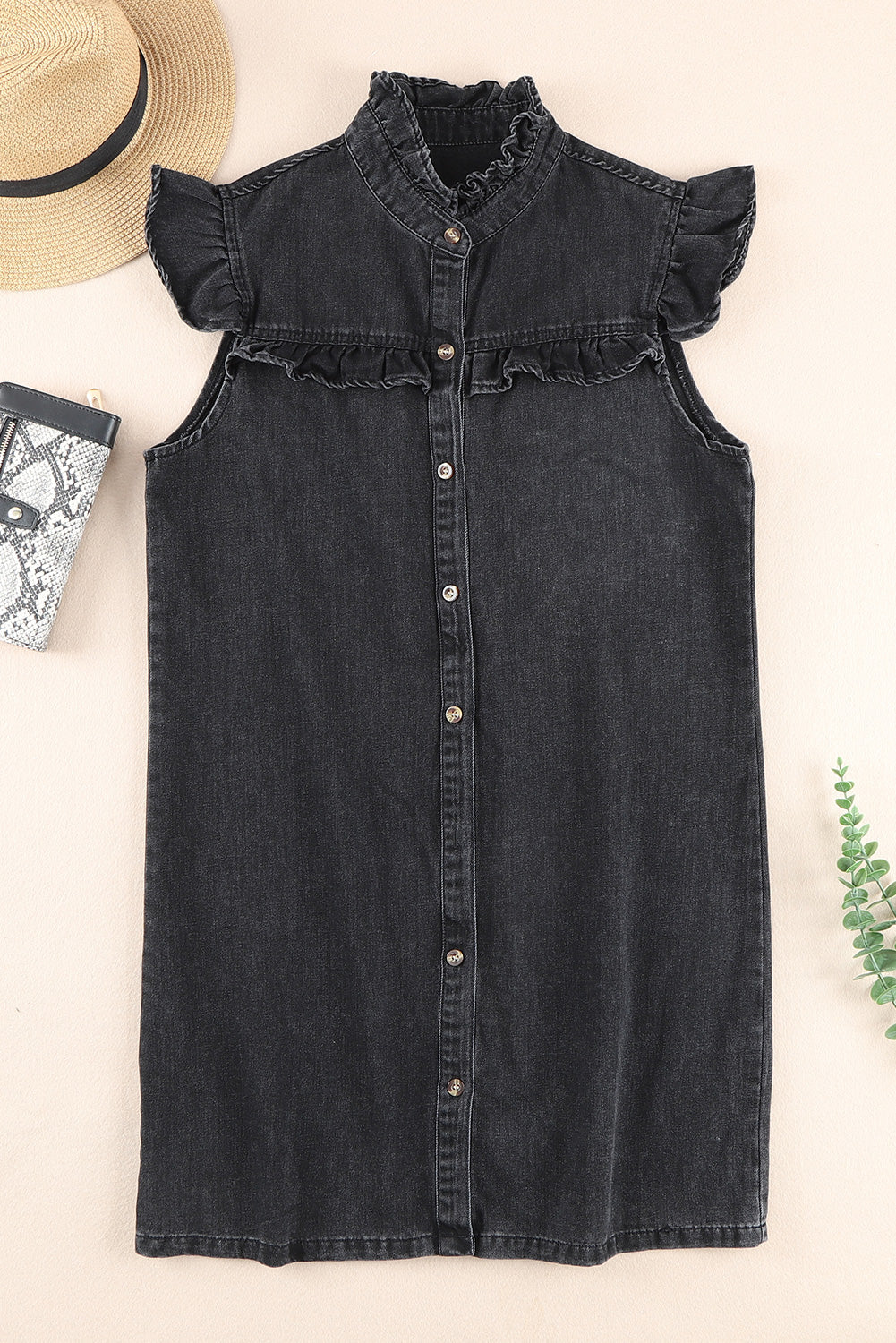 Black Ruffled Cap Sleeves Button Up Denim Dress