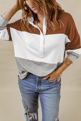 Brown Turn-down Collar Colorblock Pullover Sweatshirt