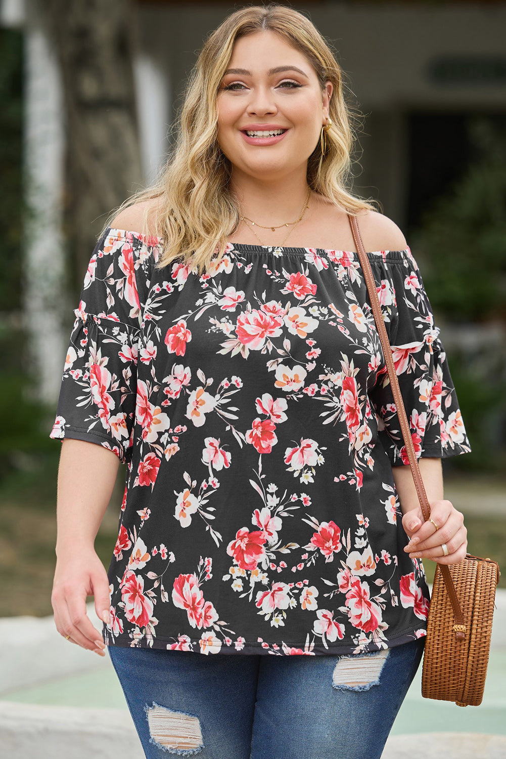 Black Floral Print Off Shoulder Plus Size Blouse