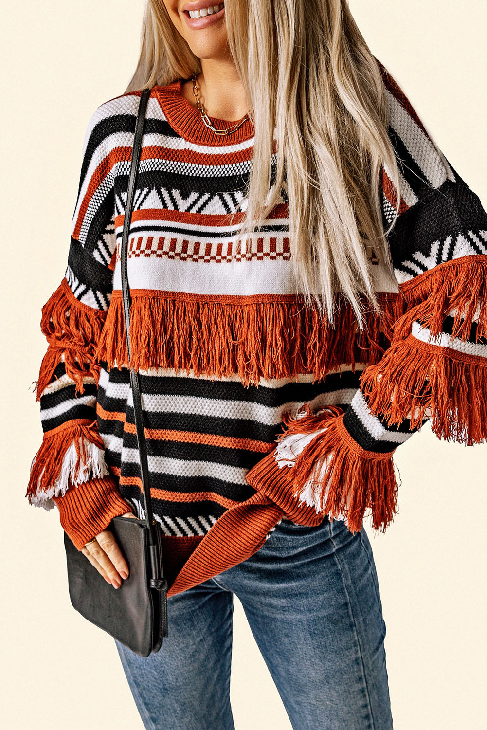 Multicolor Round Neck Striped Sweater with Fringe