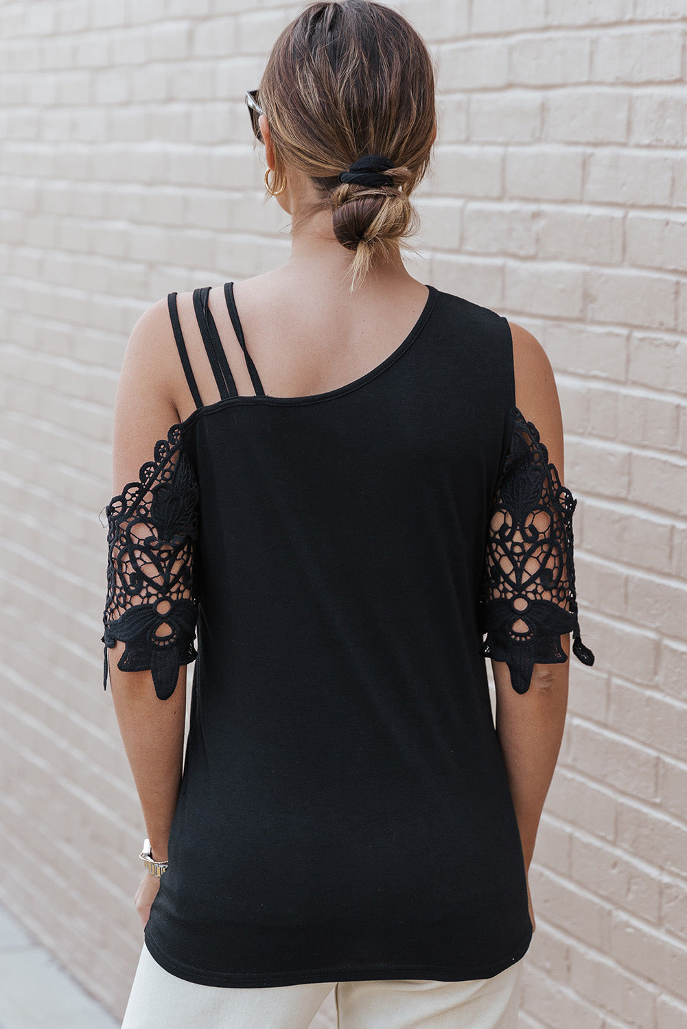 Black Lace Splicing Strappy Cold Shoulder Top