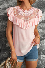 Pink Lace Splicing Ruffled Short Sleeve T-shirt