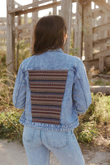 Sky Blue Distressed Tribal Patch Denim Jacket