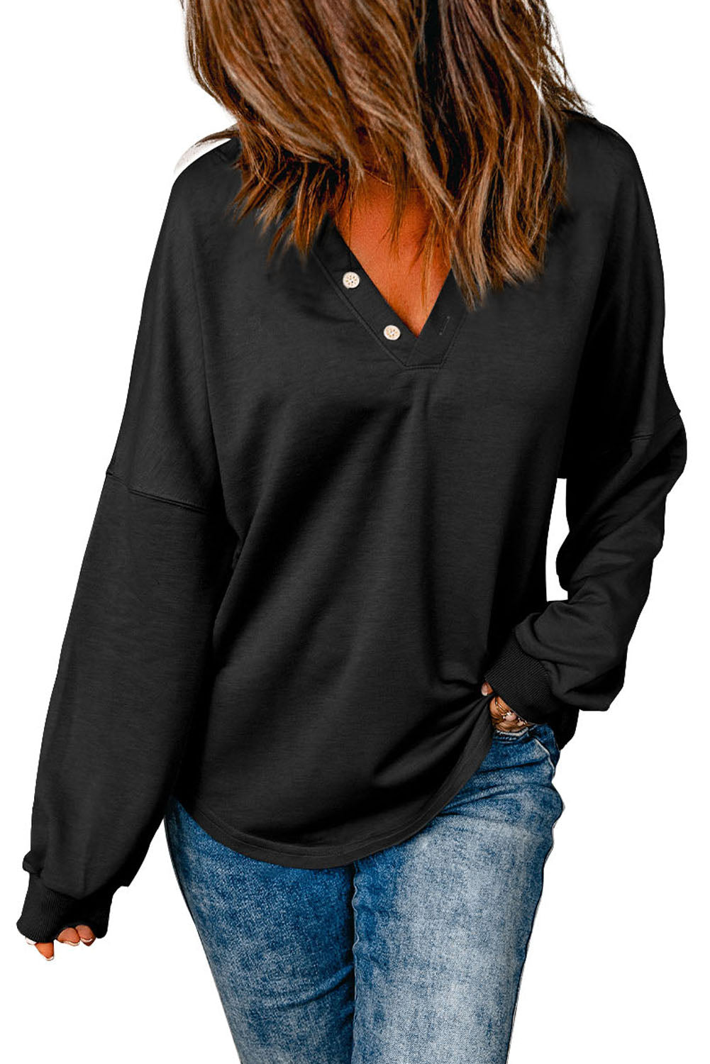 Black Buttoned V Neck Cotton Loose Fit Top