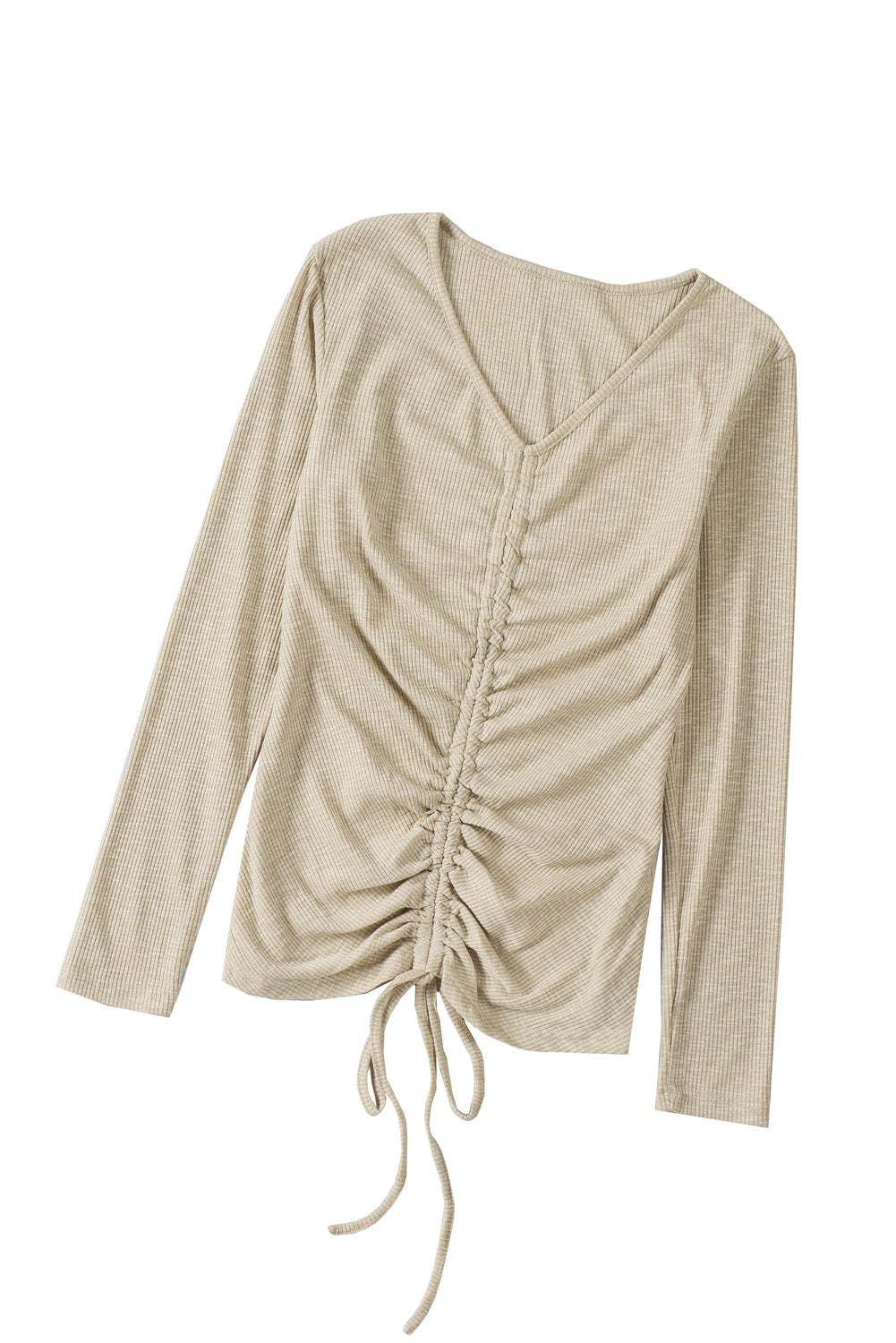 Gray Drawstring Ruched Knit Long Sleeve Top