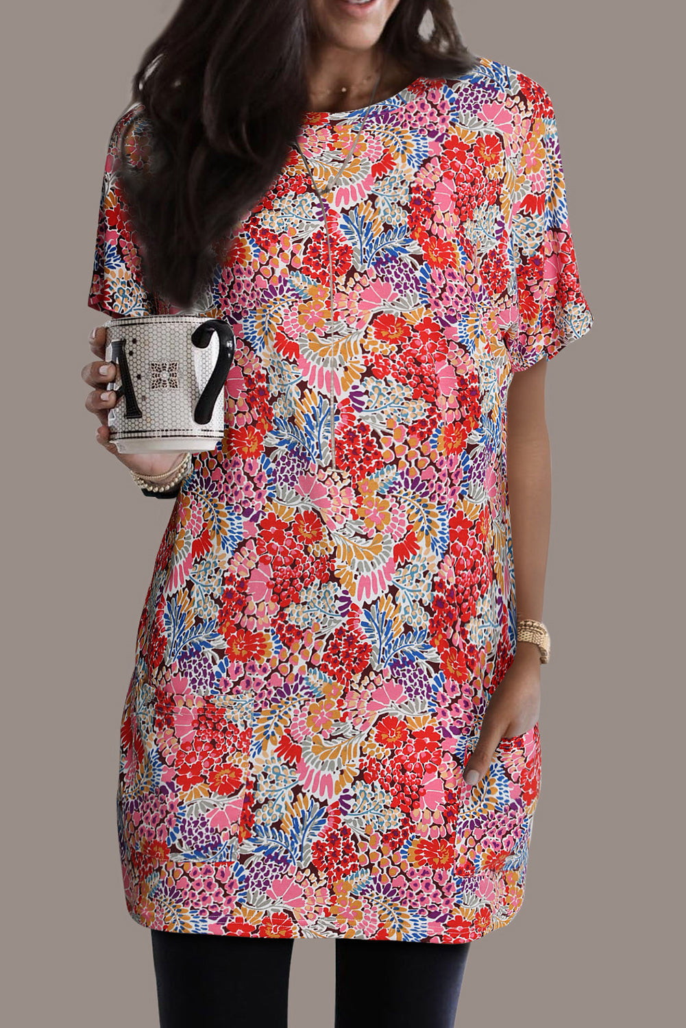 Multicolor Boho Flower Print Short Sleeve Tunic Top