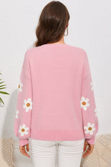 Pink Floral Pattern Drop Shoulder Sweater