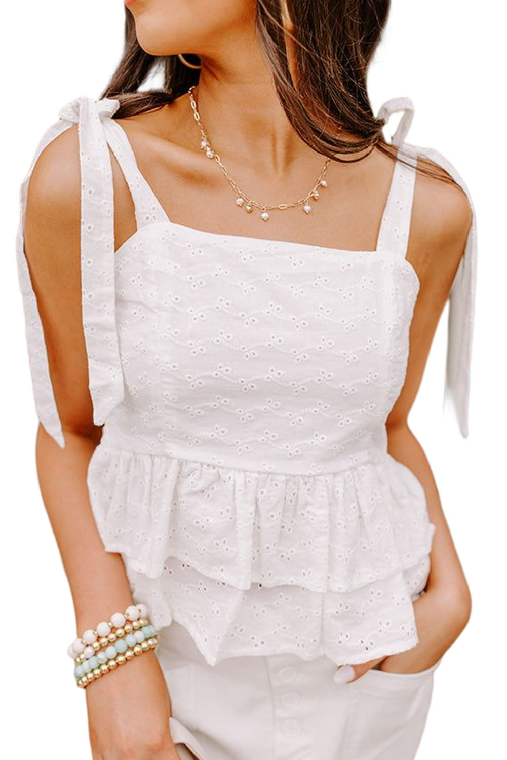 White Eyelet Pattern Tied Shoulder Peplum Tank Top