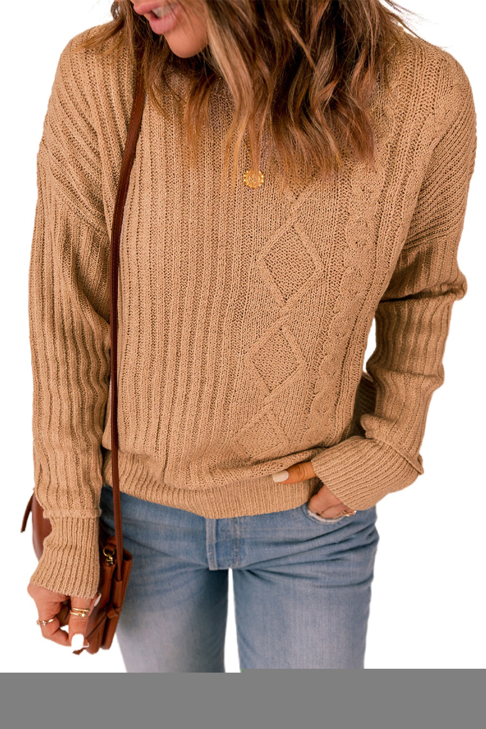 Khaki Multiple Pattern Knit Drop Shoulder Sweater