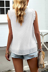 White Swiss Dot Button Frilled V Neck Sleeveless Top