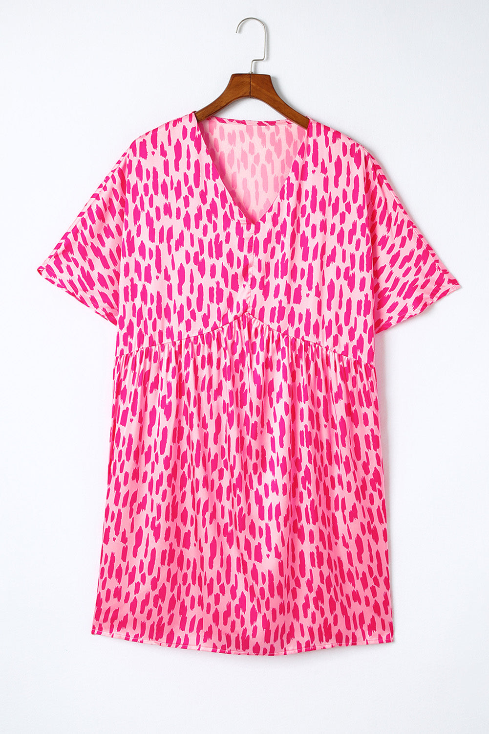 Pink Leopard Print V Neck Plus Size Babydoll Mini Dress