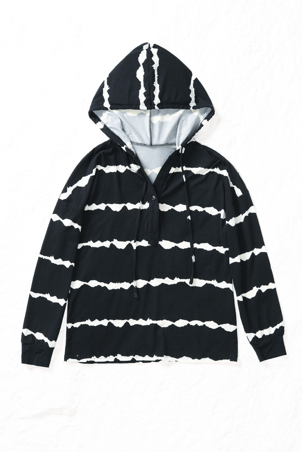 White Striped Drawstring Button Long Sleeve Hoodie