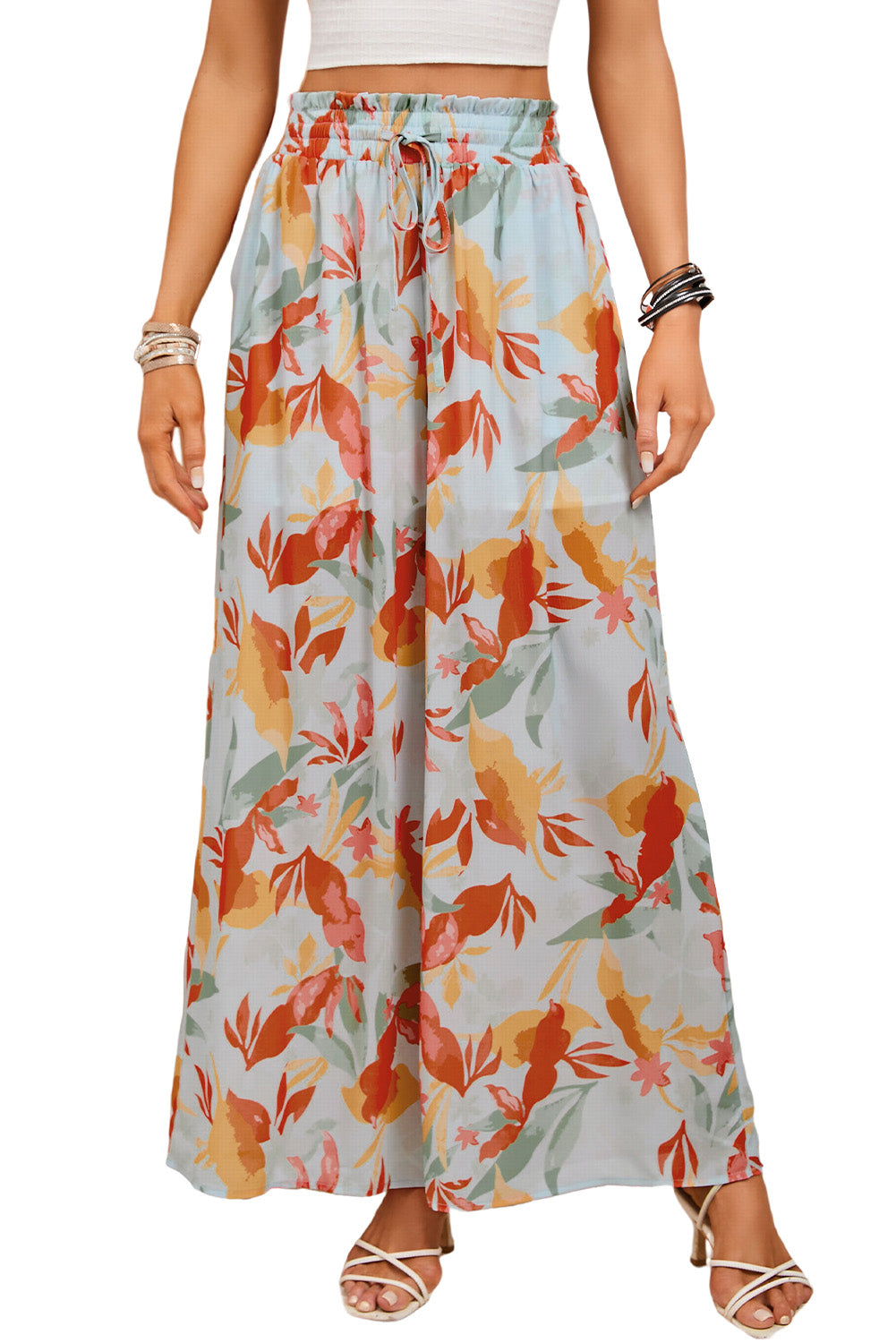 Multicolor Floral Print Drawstring Shirred High Waist Wide Leg Pants