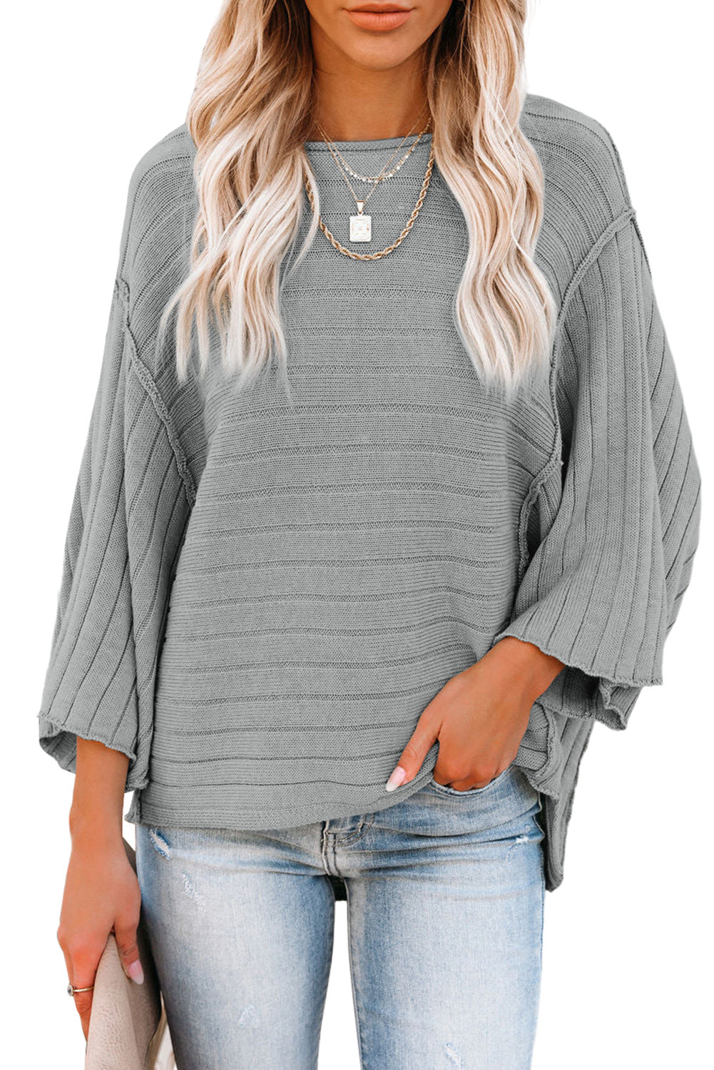 Black Exposed Seam Ribbed Knit Dolman Top
