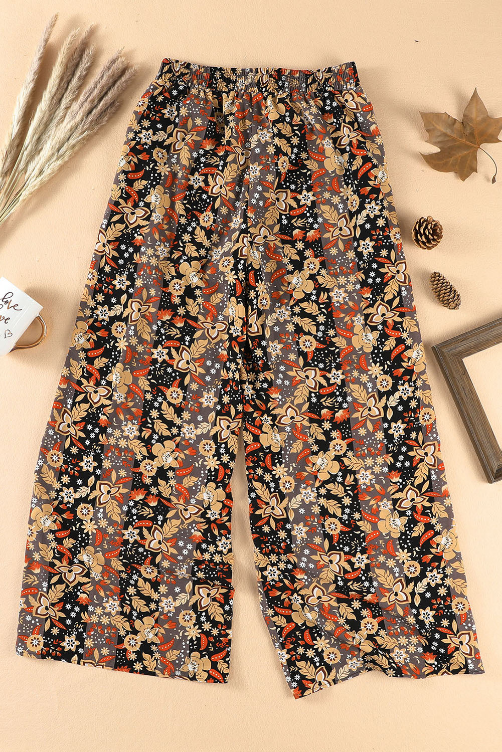 Black Floral Print High Waist Wide Leg Pants