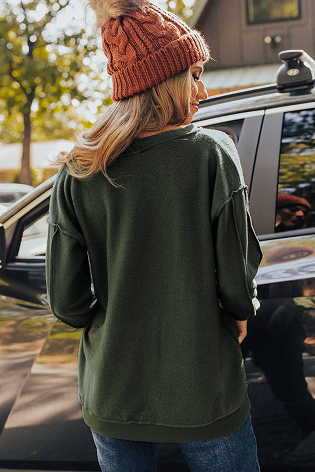 Green Expose Seam Detail Split Neck Long Sleeve Top