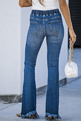 Blue Frayed Tassel Hem Elastic Waist Flared Jeans