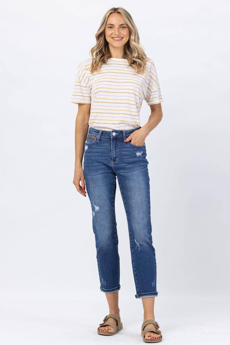 High Rise Rainbow Embroidery Cropped Straight Leg Jeans