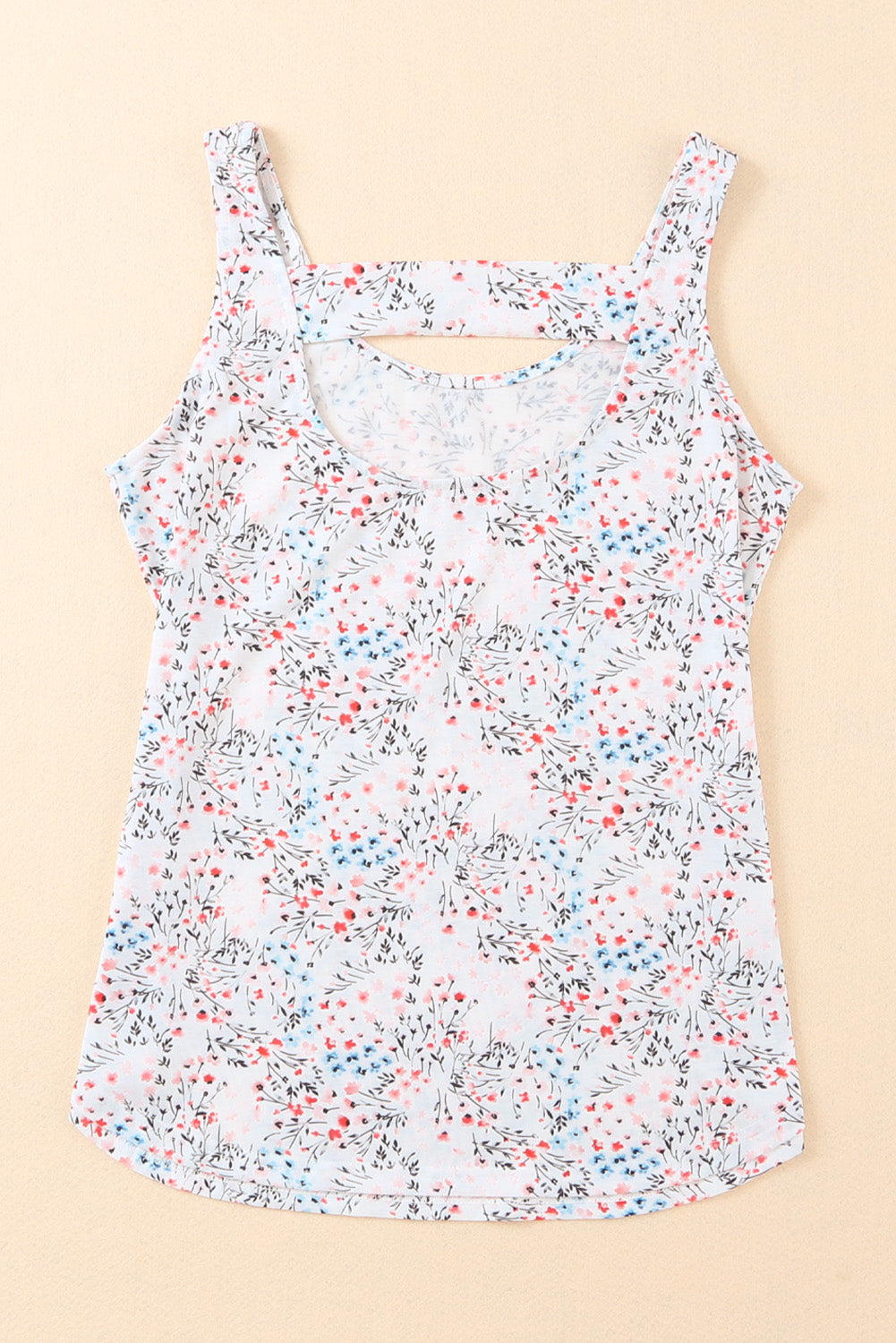 White Floral Print Cut-out U Neck Tank Top