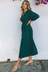 Green Pleated V Neck Wrap Waist Tie Dress