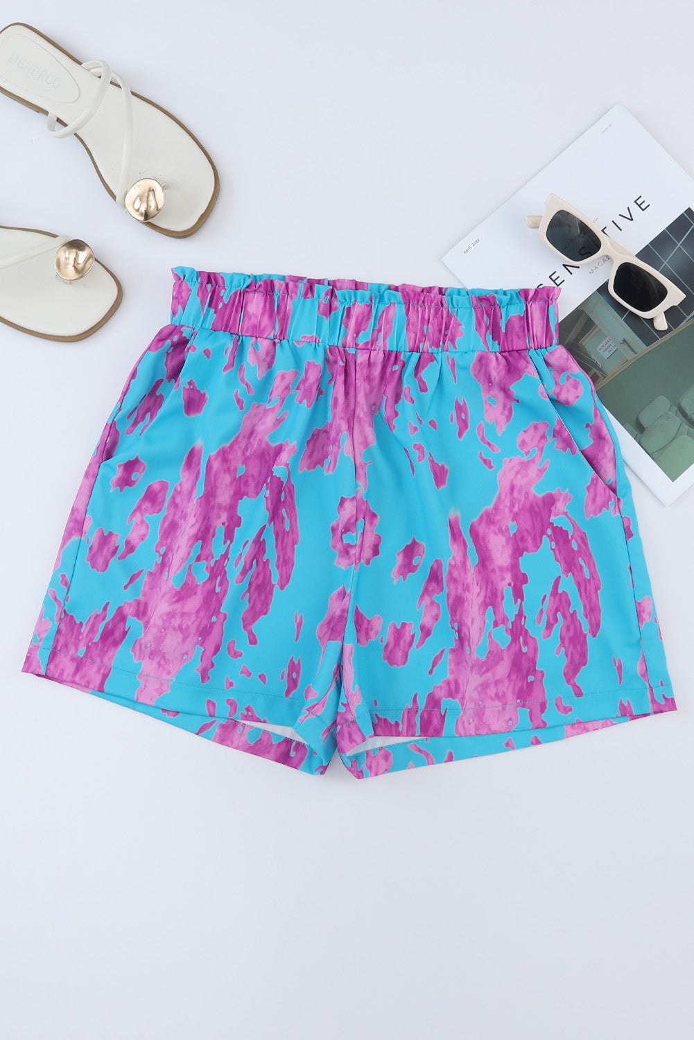 Sky Blue Abstract Print Elastic Waist Pocket Wide-Leg Shorts