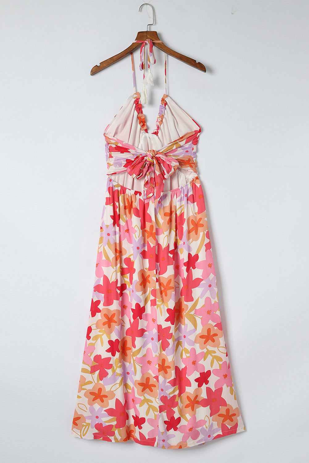 Red Halter Neck Backless Floral Print Maxi Dress with Ties