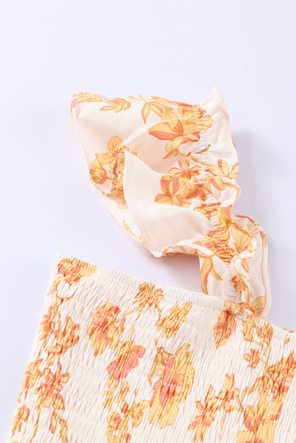 White Ruffle Shoulder Straps Smocked Bodice Printed Dress